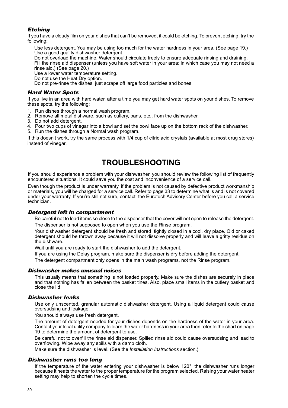 Troubleshooting | Eurotech Appliances EDW274E User Manual | Page 30 / 36