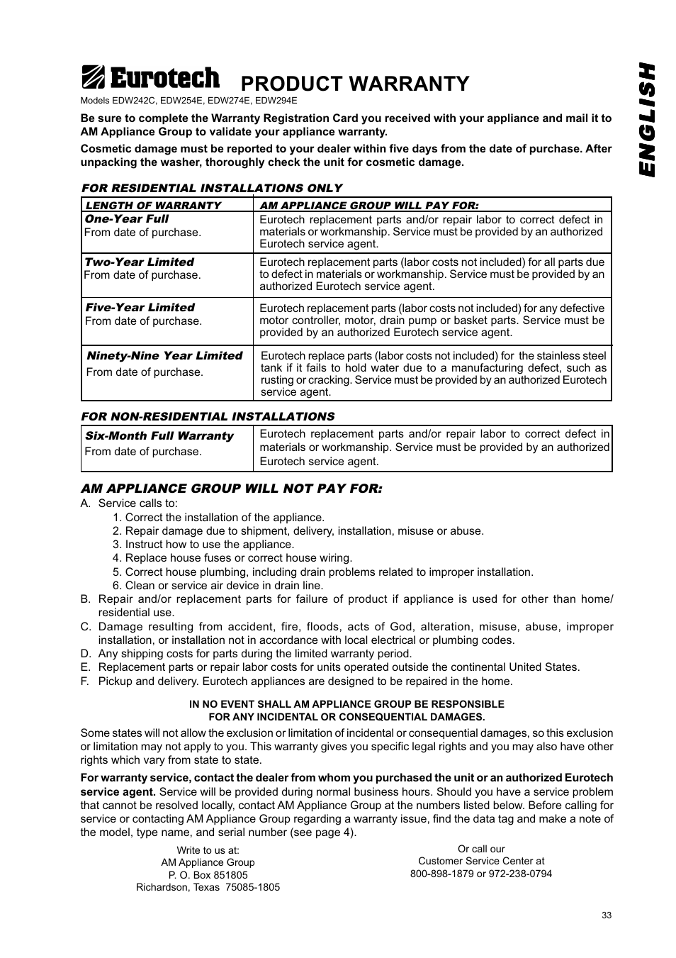 Englishenglishenglishenglishenglish, Product warranty | Eurotech Appliances EDW274E User Manual | Page 33 / 36