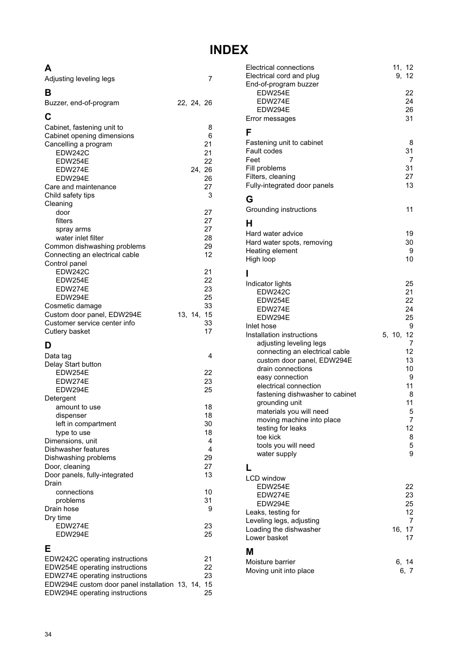 Index | Eurotech Appliances EDW274E User Manual | Page 34 / 36
