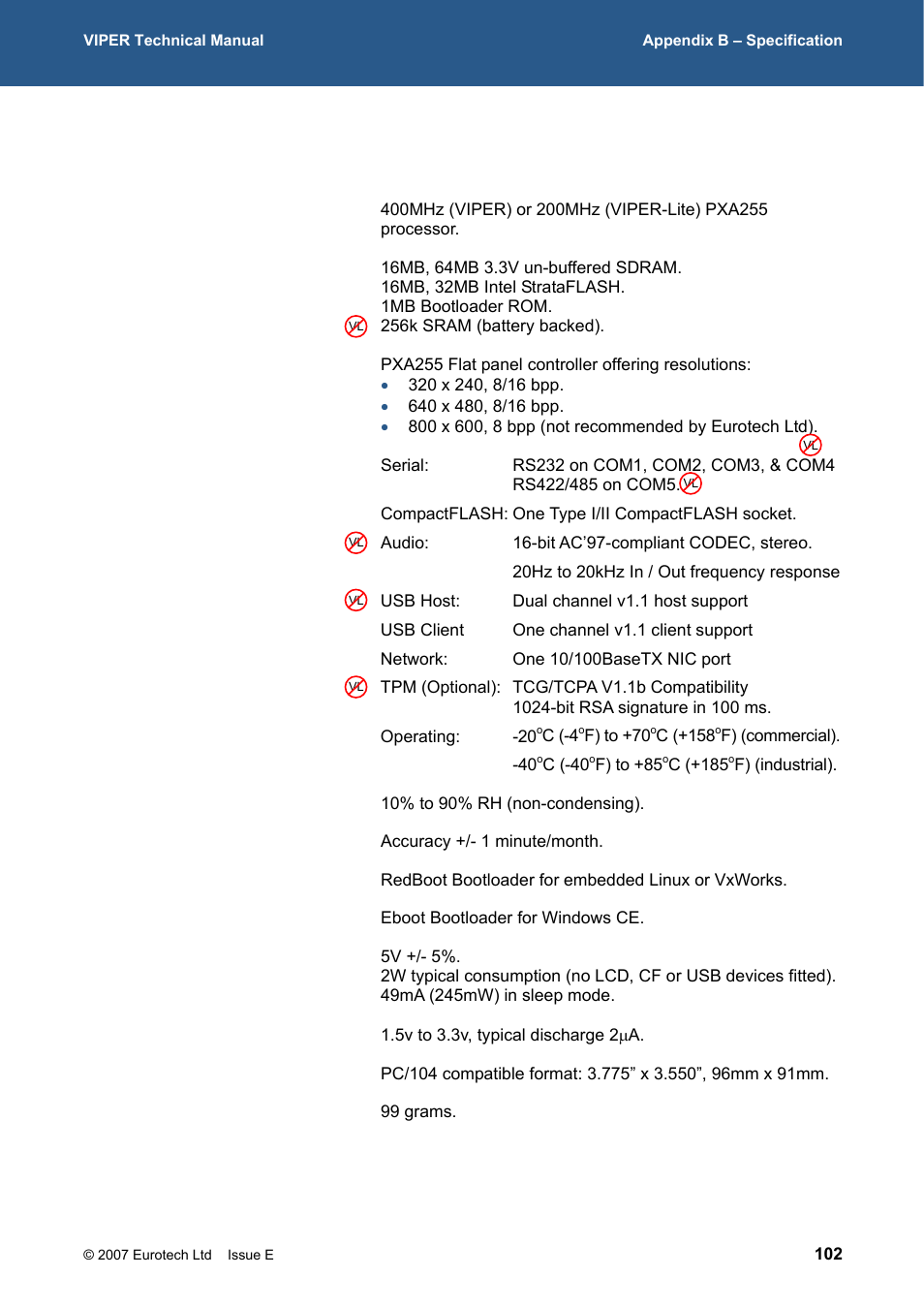 Appendix b – specification | Eurotech Appliances VIPER / VIPER-LITE PXA255 User Manual | Page 102 / 111