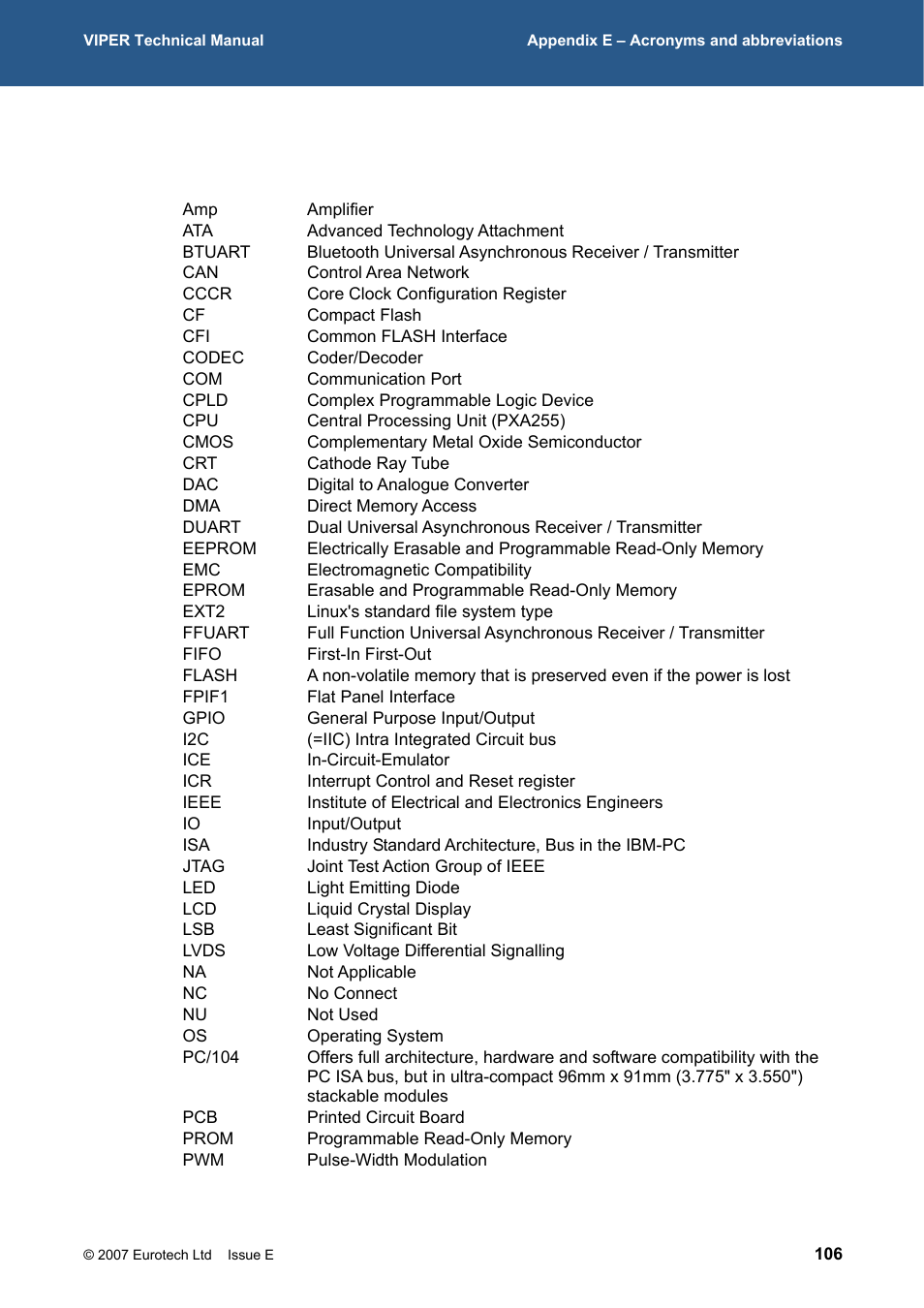 Appendix e – acronyms and abbreviations | Eurotech Appliances VIPER / VIPER-LITE PXA255 User Manual | Page 106 / 111