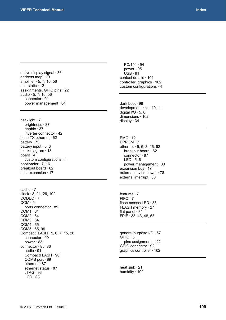 Index | Eurotech Appliances VIPER / VIPER-LITE PXA255 User Manual | Page 109 / 111
