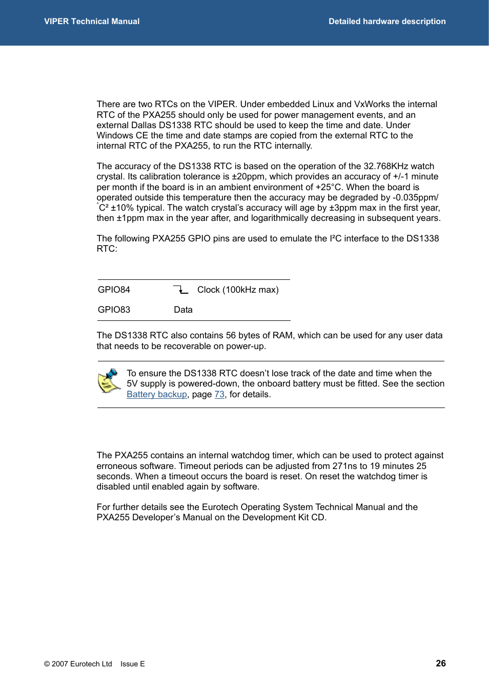 Real time clock, Watchdog timer, 337h | 338h | Eurotech Appliances VIPER / VIPER-LITE PXA255 User Manual | Page 26 / 111