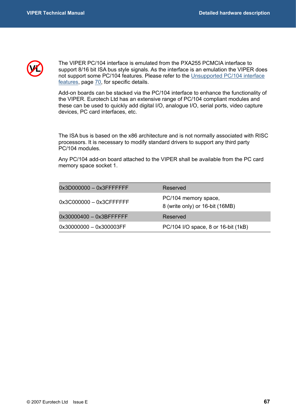 Pc/104 interface, 8/16-bit pc/104, Interface | 267h, 268h | Eurotech Appliances VIPER / VIPER-LITE PXA255 User Manual | Page 67 / 111