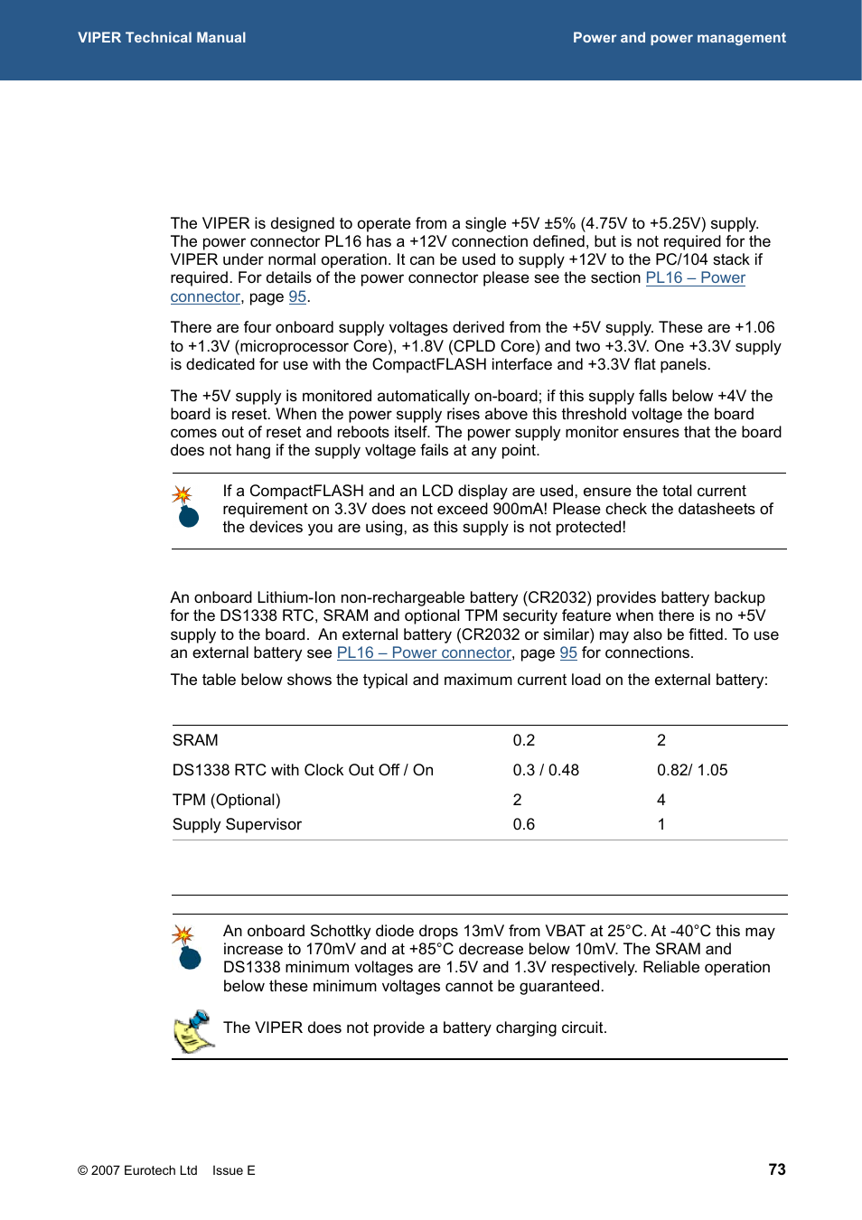 Power and power management, Power supplies, Power | Inc reset input), Battery, 339h, Battery backup, 340h, For det | Eurotech Appliances VIPER / VIPER-LITE PXA255 User Manual | Page 73 / 111