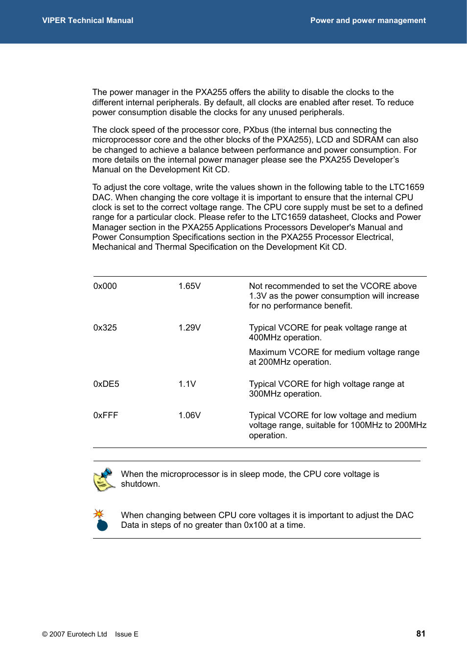 E section, 280h, Processor power | Management, 281h, For operation, Core, 288h, Processor power management, 289h | Eurotech Appliances VIPER / VIPER-LITE PXA255 User Manual | Page 81 / 111
