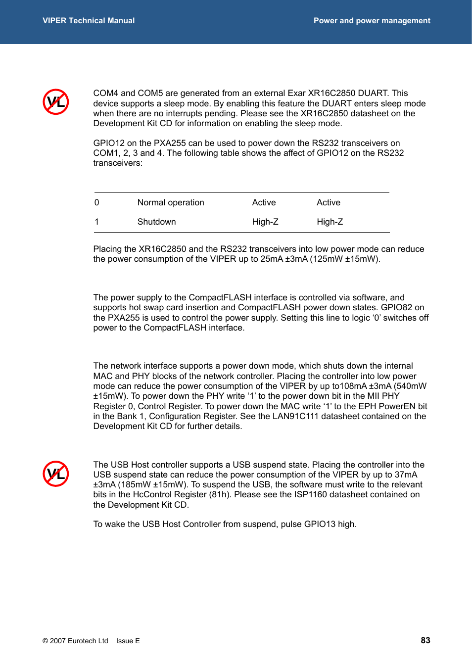 301h, Uart power management, 302h | 303h, Usb power management, 304h, 335h, Compactflash, Power management, 336h | Eurotech Appliances VIPER / VIPER-LITE PXA255 User Manual | Page 83 / 111
