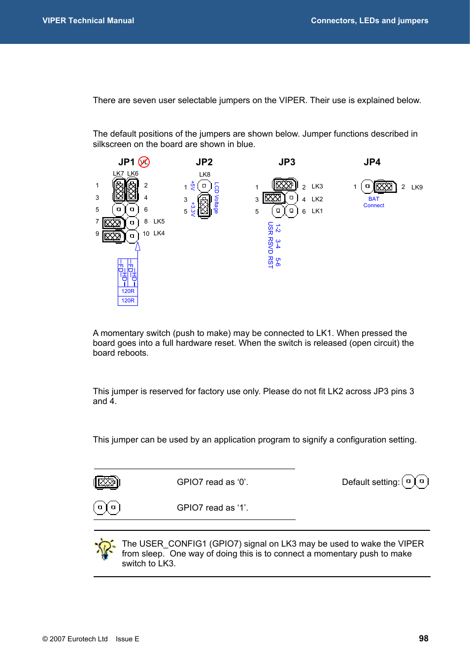 Jumpers, 287h, 290h | User configurable jumper 1 – lk3, 291h, Default settings, Reset – lk1 on jp3, Reserved – lk2 on jp3, User configurable jumper 1 – lk3 on jp3, Jp1 jp2 jp3 jp4 | Eurotech Appliances VIPER / VIPER-LITE PXA255 User Manual | Page 98 / 111