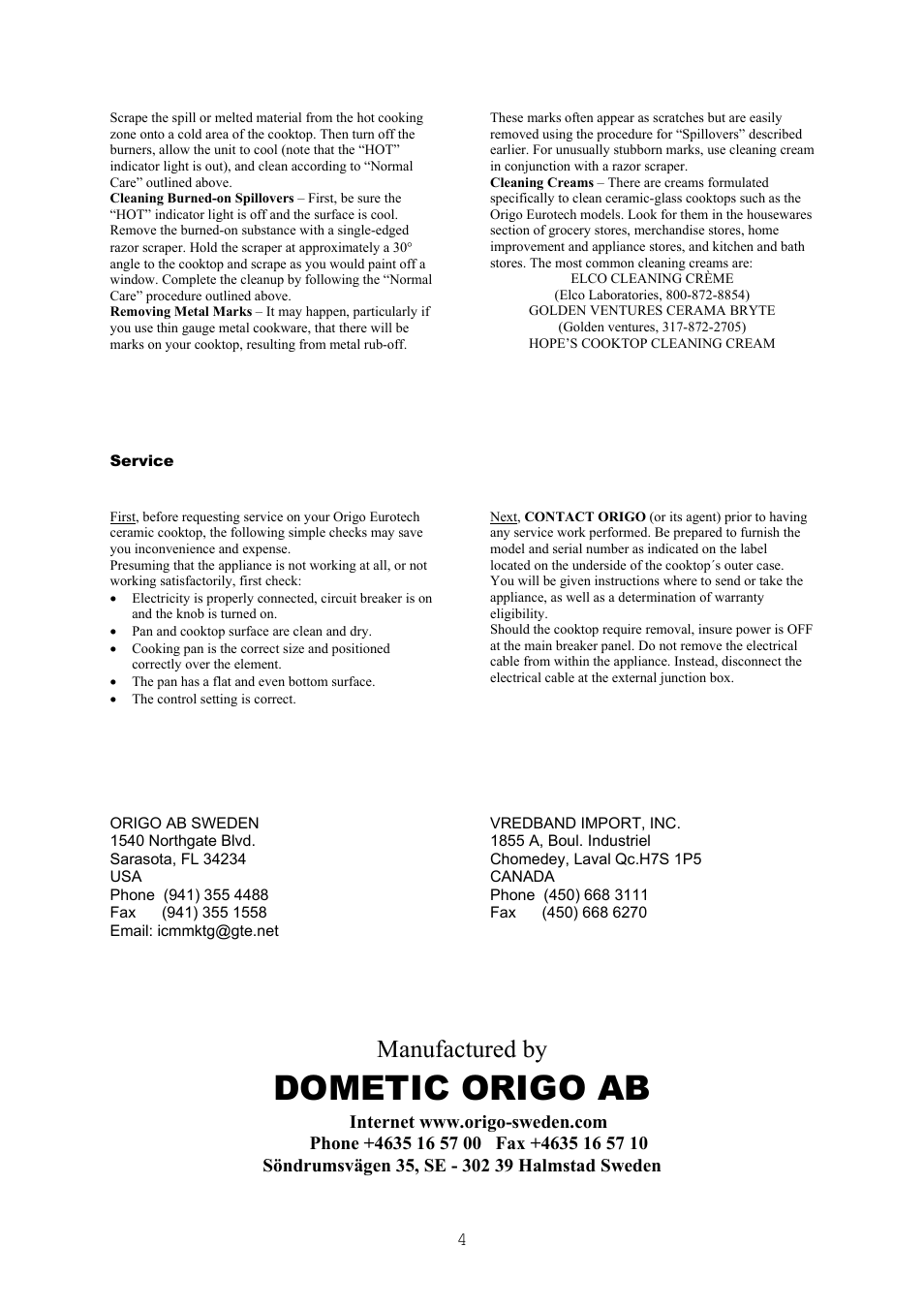 Dometic origo ab, Manufactured by | Eurotech Appliances 3200 User Manual | Page 4 / 4