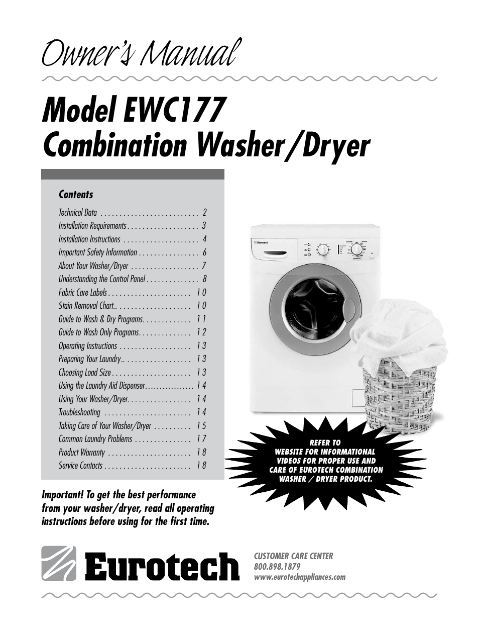 Eurotech Appliances EWC177 User Manual | 20 pages