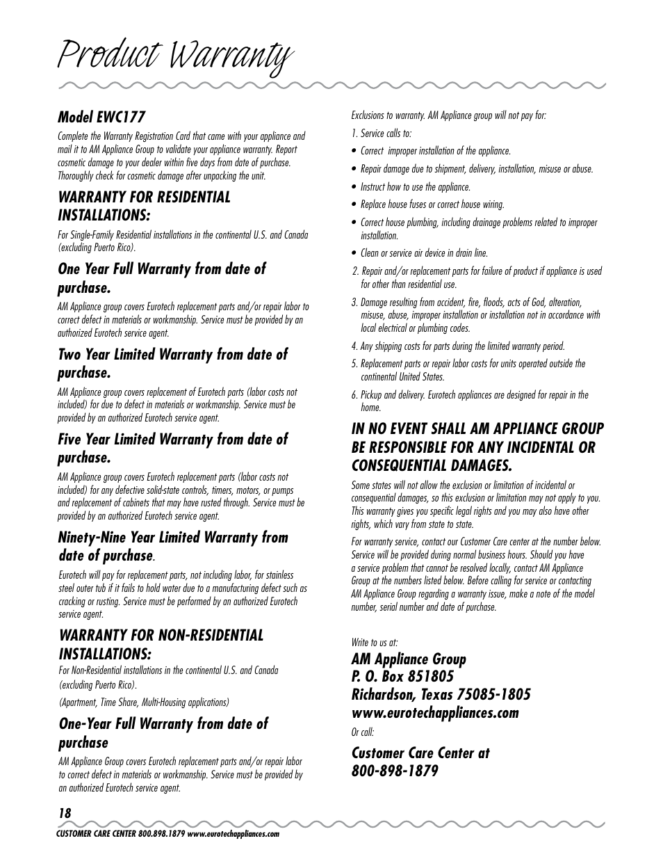 Product warranty, Model ewc177, Warranty for residential installations | One year full warranty from date of purchase, Two year limited warranty from date of purchase, Five year limited warranty from date of purchase, Warranty for non-residential installations, One-year full warranty from date of purchase | Eurotech Appliances EWC177 User Manual | Page 18 / 20