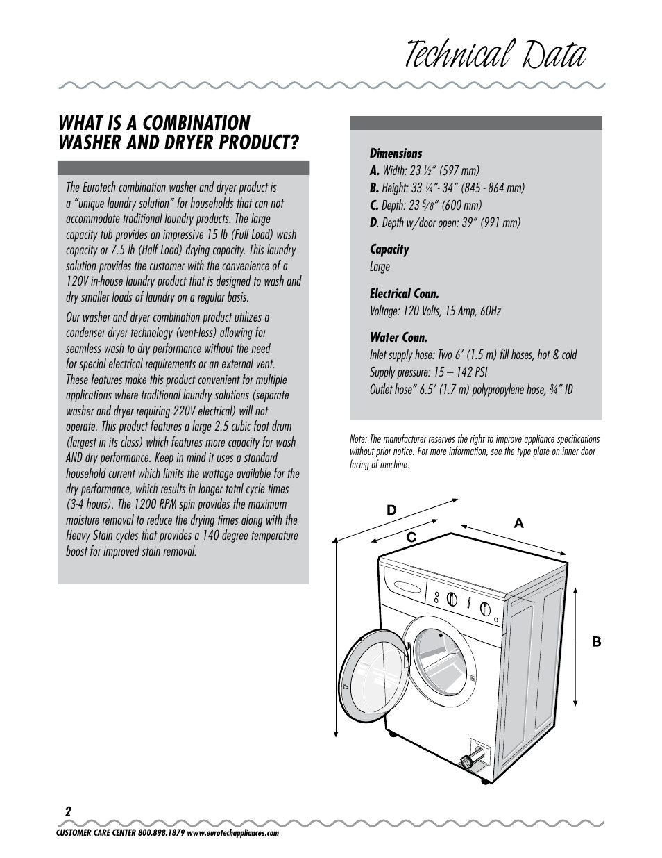 Technical data, What is a combination washer and dryer product | Eurotech Appliances EWC177 User Manual | Page 2 / 20