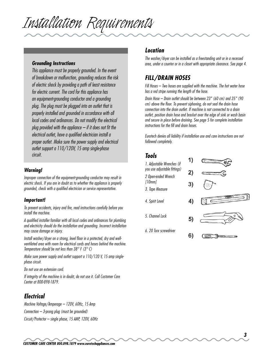 Installation requirements, Electrical, Location | Fill/drain hoses, Tools | Eurotech Appliances EWC177 User Manual | Page 3 / 20