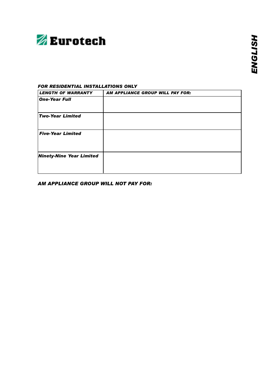 English product warranty | Eurotech Appliances EDV158 User Manual | Page 15 / 16