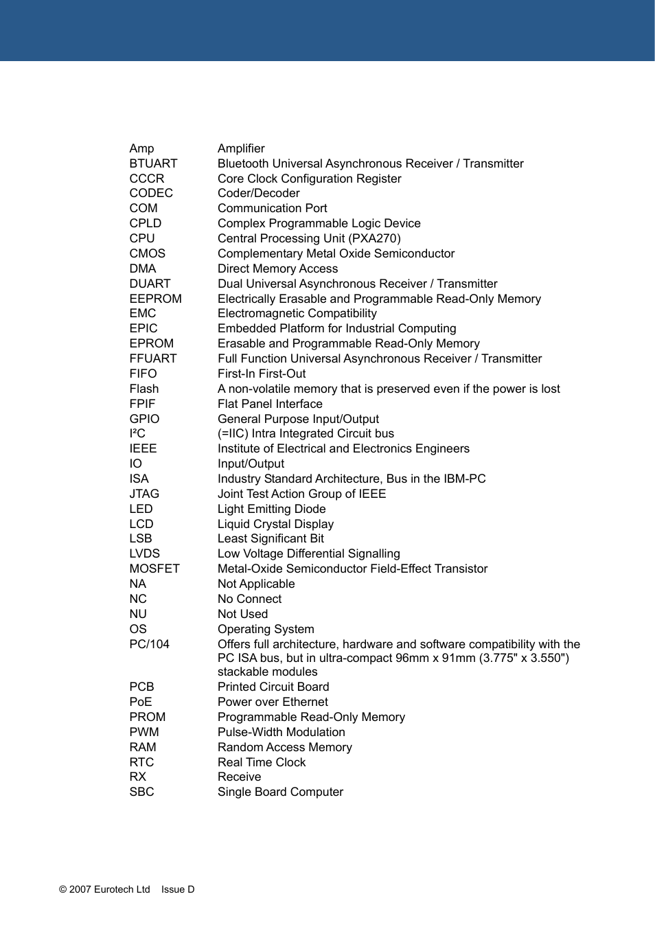 Appendix h - acronyms and abbreviations | Eurotech Appliances ZEUS PXA270 User Manual | Page 130 / 136