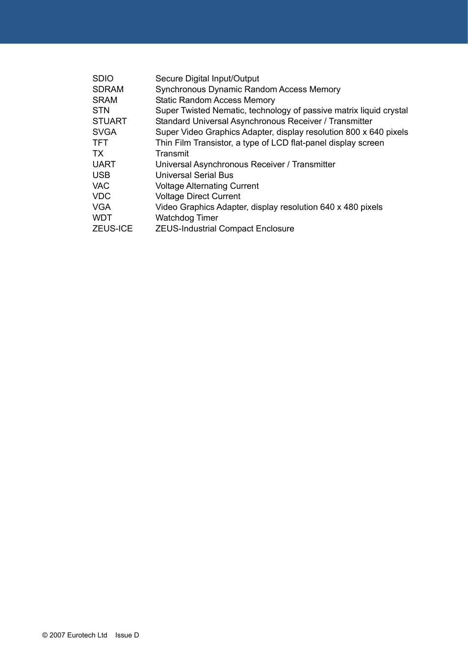 Appendix h - acronyms and abbreviations | Eurotech Appliances ZEUS PXA270 User Manual | Page 131 / 136