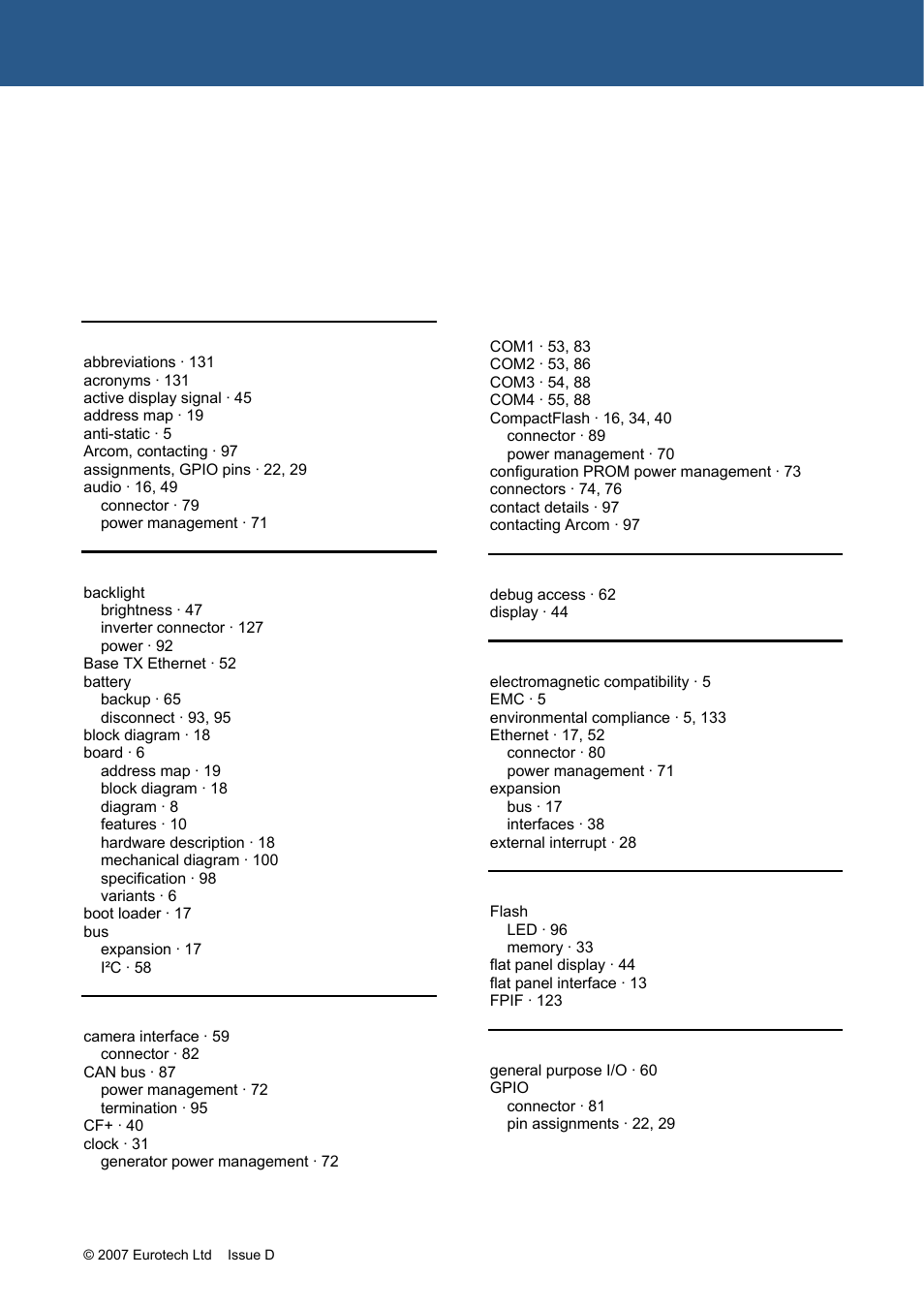 Index | Eurotech Appliances ZEUS PXA270 User Manual | Page 133 / 136