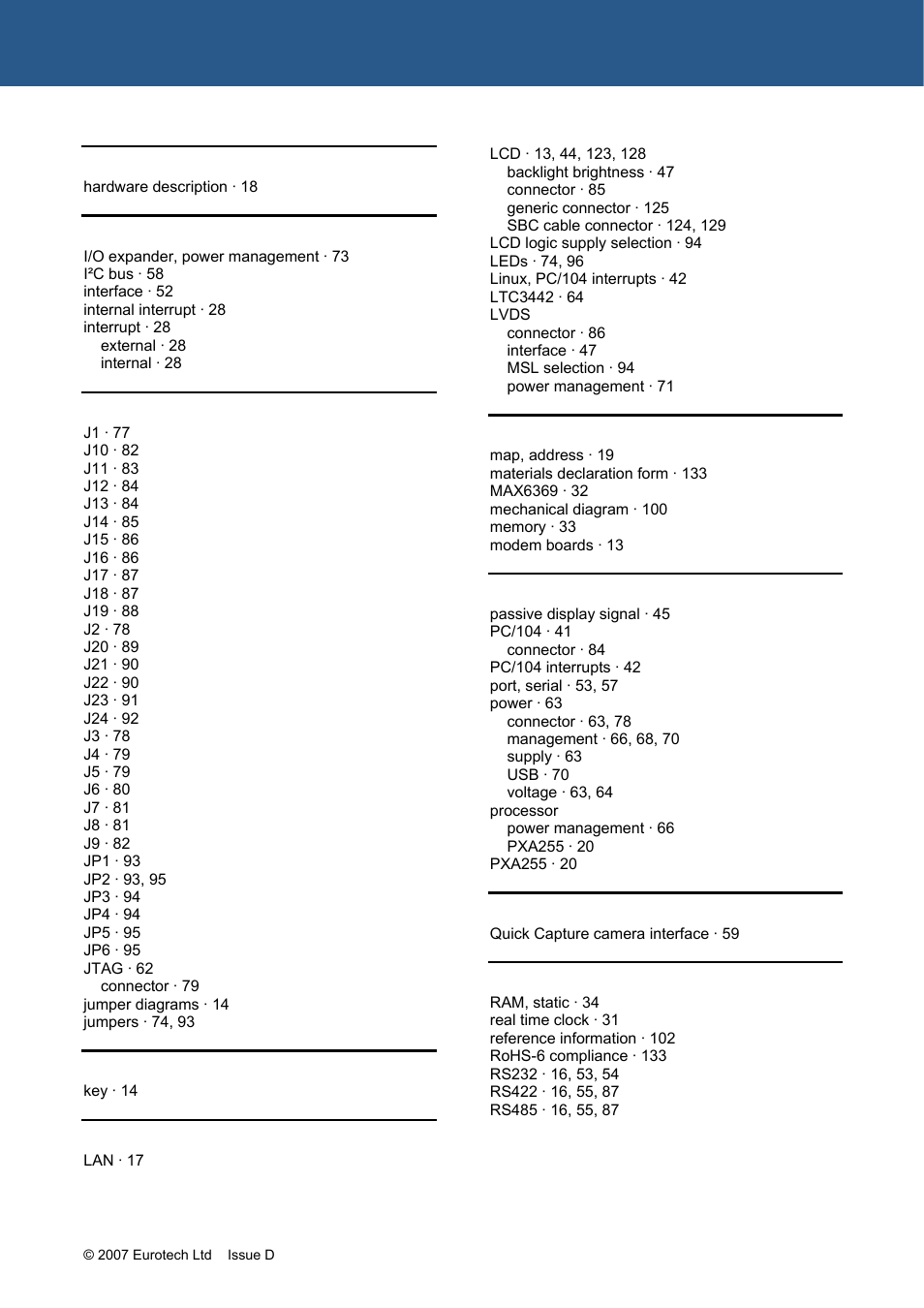 Index | Eurotech Appliances ZEUS PXA270 User Manual | Page 134 / 136