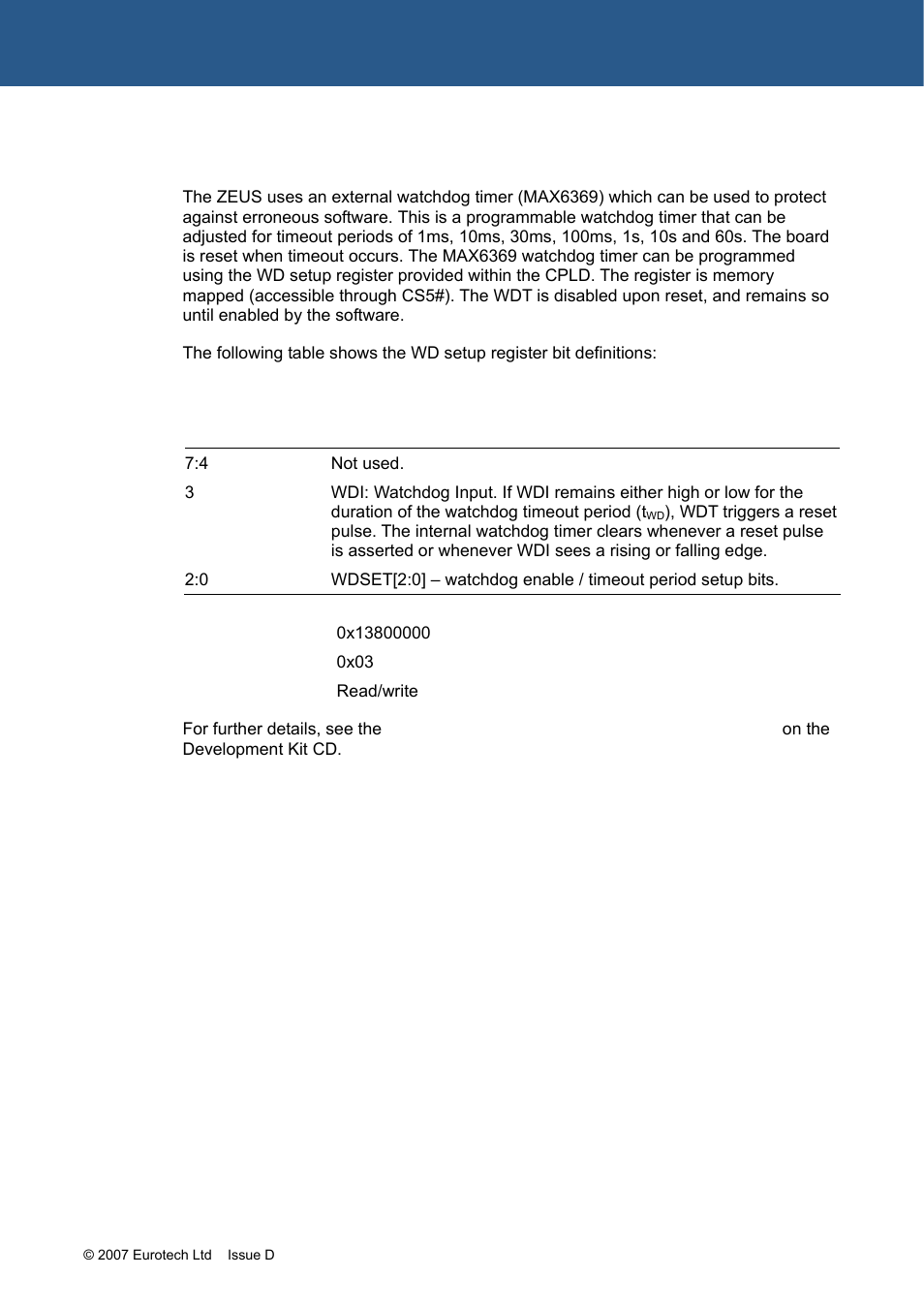 Watchdog timer, 0000 16-bit, Reg3 (wd register) | Eurotech Appliances ZEUS PXA270 User Manual | Page 32 / 136