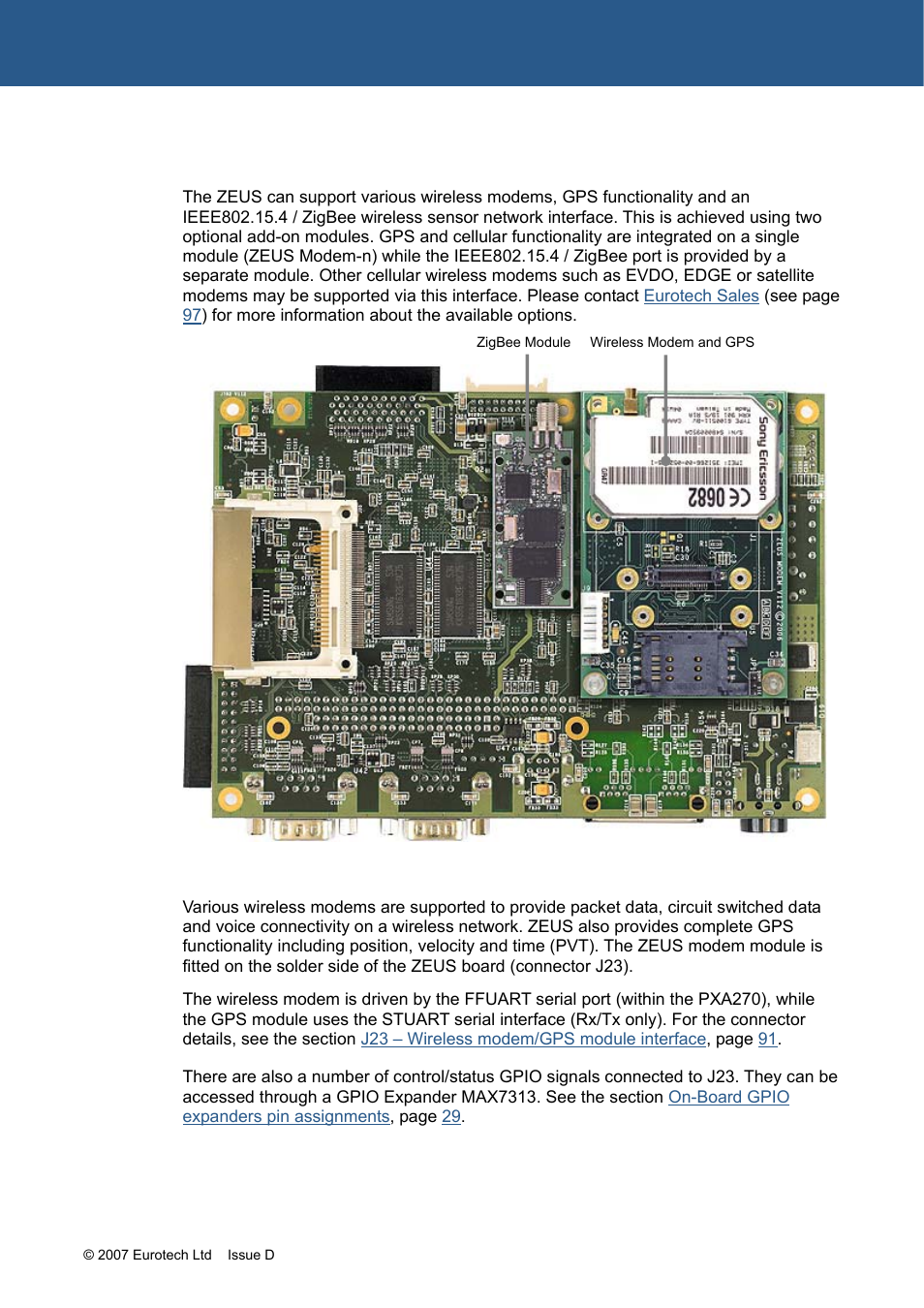 Wireless support, Zeus, Wireless | Modem, Gps port, Modem and gps receiver, Wireless modem and gps receiver | Eurotech Appliances ZEUS PXA270 User Manual | Page 35 / 136