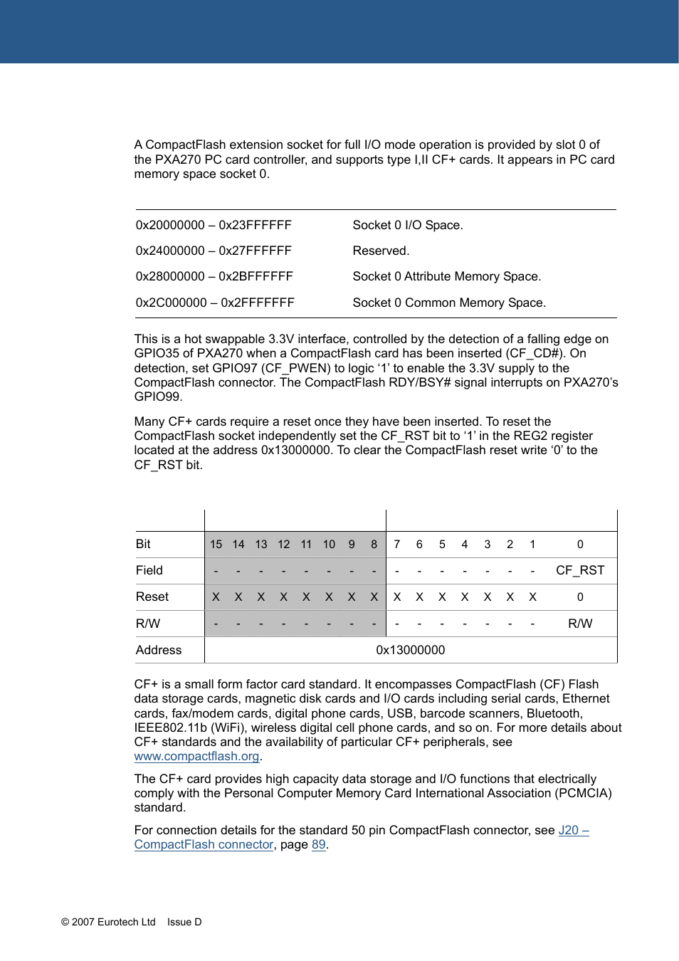 Compactflash, Compactflash (cf+), 0000 16-bit | Reg2 (cf reset) | Eurotech Appliances ZEUS PXA270 User Manual | Page 40 / 136