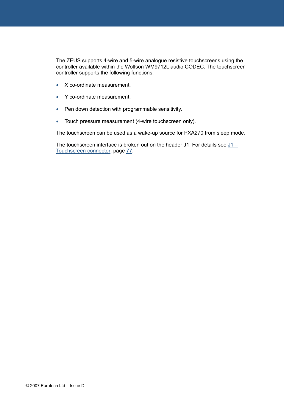 Touchscreen controller, Touchscreen, Wire/5-wire | Eurotech Appliances ZEUS PXA270 User Manual | Page 50 / 136