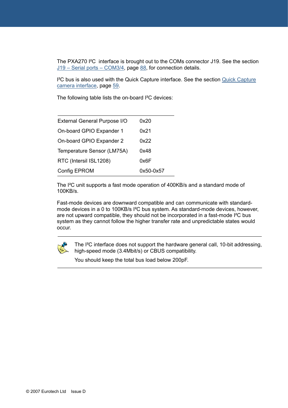 I²c bus | Eurotech Appliances ZEUS PXA270 User Manual | Page 58 / 136