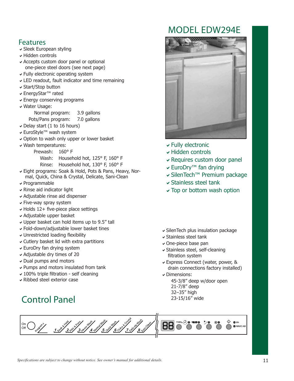 Dishwashers, Control panel, Model edw294e | Features | Eurotech Appliances EWF272EL User Manual | Page 11 / 36
