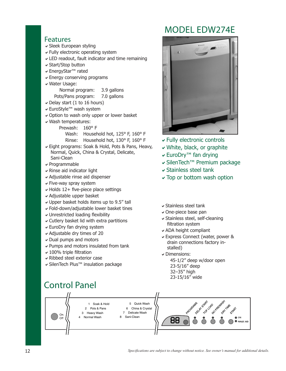 Dishwashers, Model edw274e, Control panel | Features | Eurotech Appliances EWF272EL User Manual | Page 12 / 36