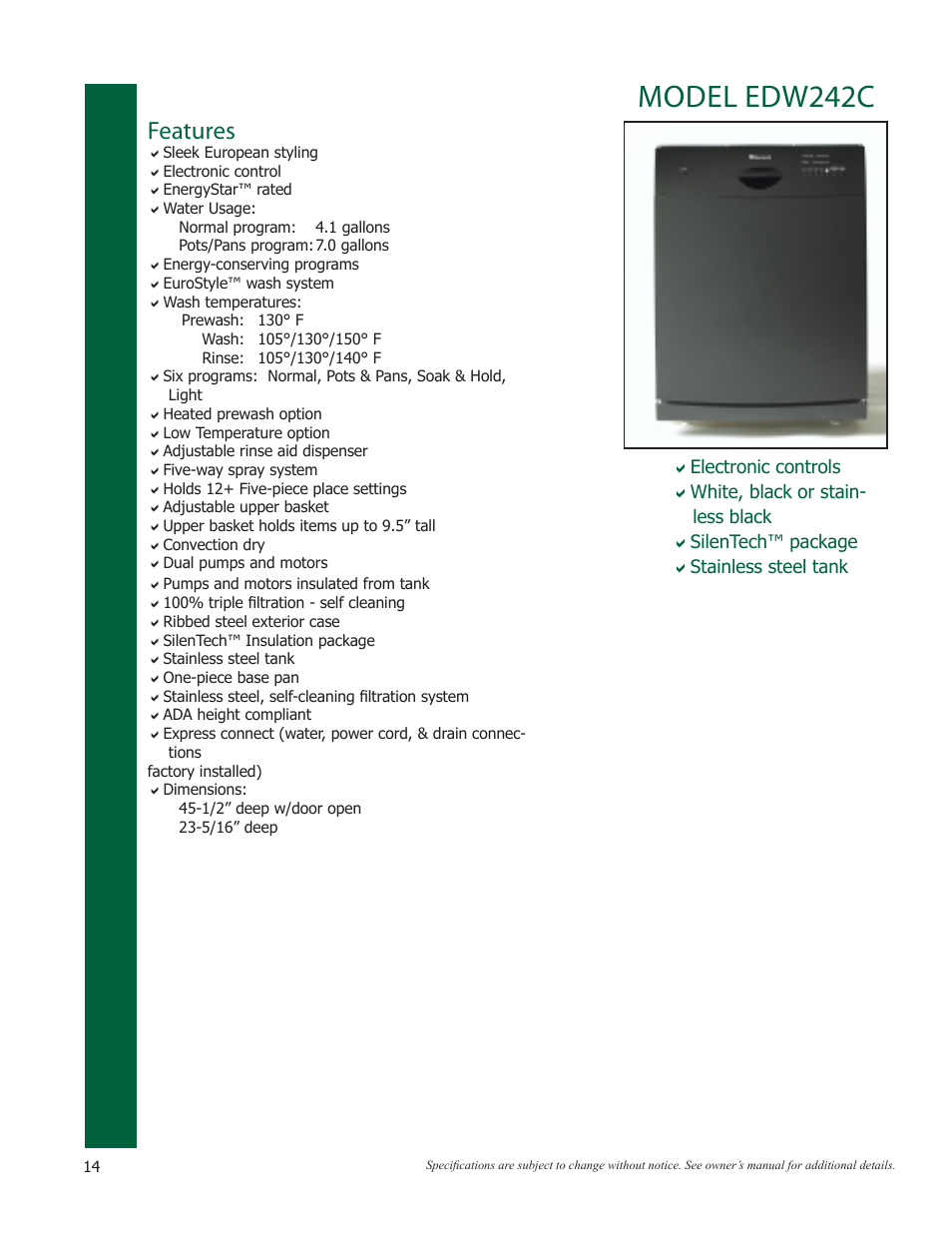Dishwashers, Model edw242c, Features | Eurotech Appliances EWF272EL User Manual | Page 14 / 36