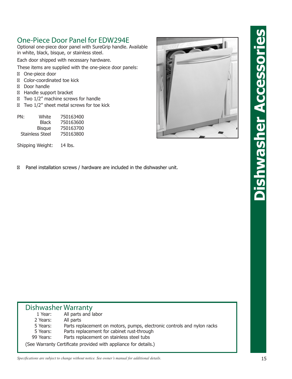 Dishwasher accessories, Dishwasher warranty, One-piece door panel for edw294e | Eurotech Appliances EWF272EL User Manual | Page 15 / 36