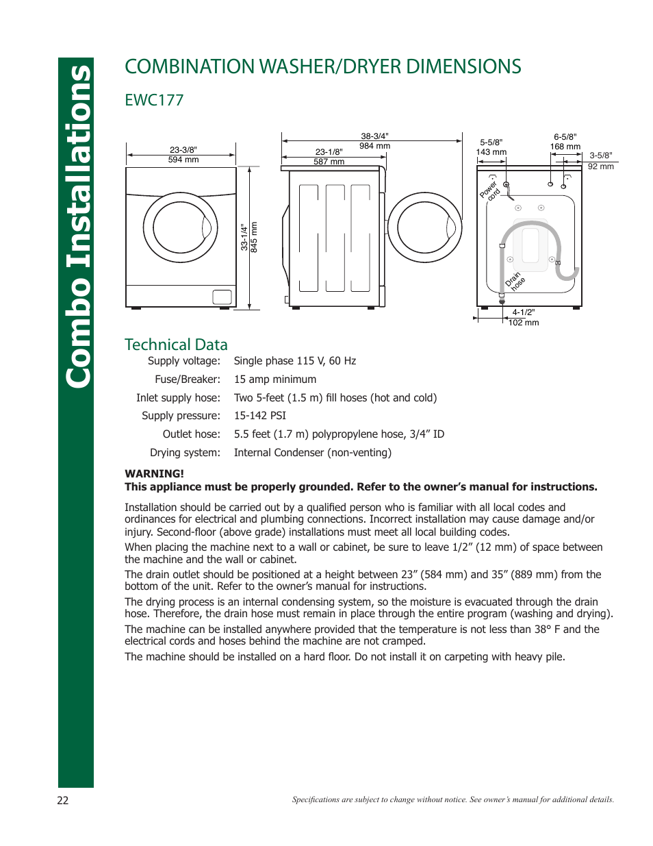Combo installations, Combination washer/dryer dimensions, Ewc177 technical data | Eurotech Appliances EWF272EL User Manual | Page 22 / 36