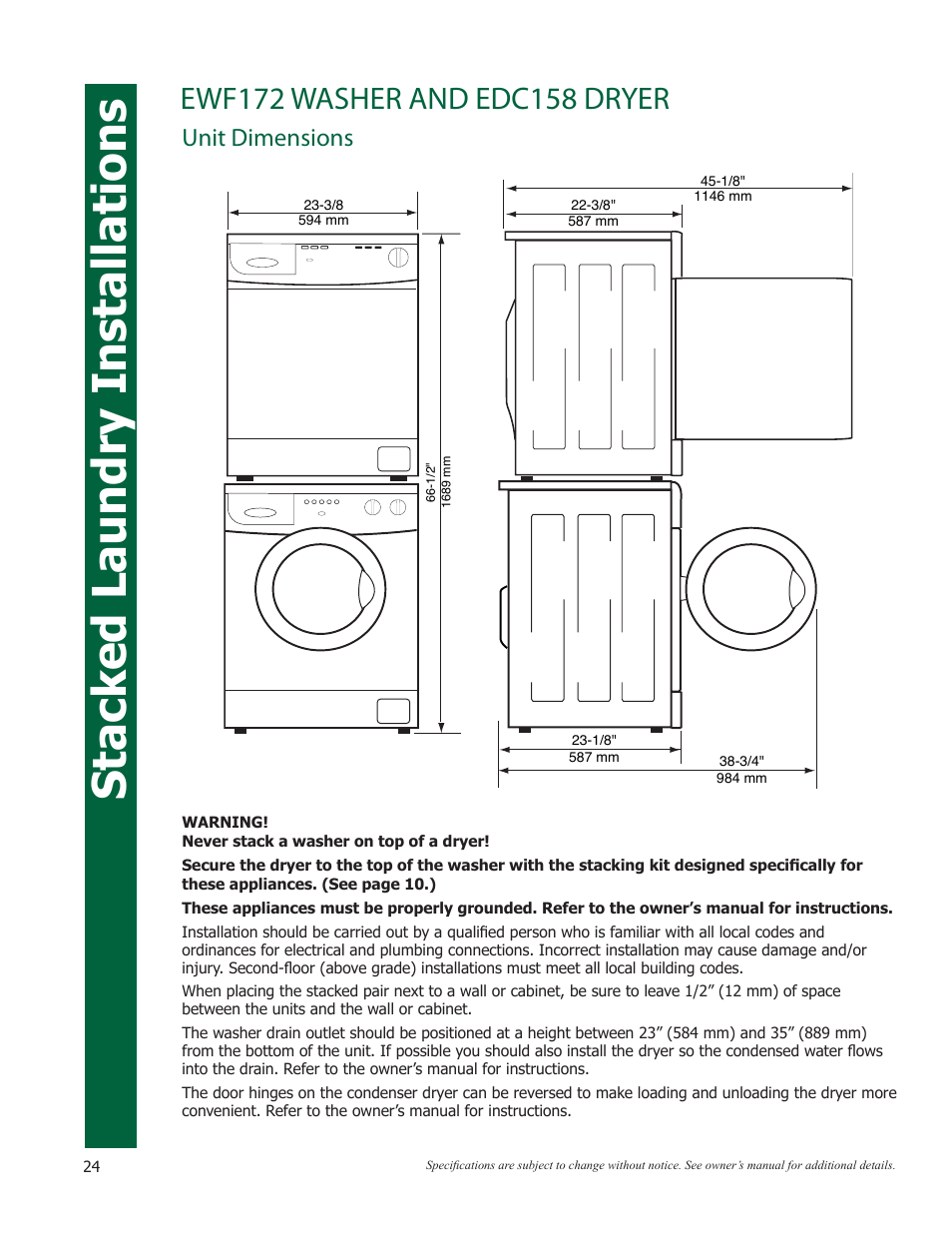 Stacked laundry installations, Unit dimensions | Eurotech Appliances EWF272EL User Manual | Page 24 / 36