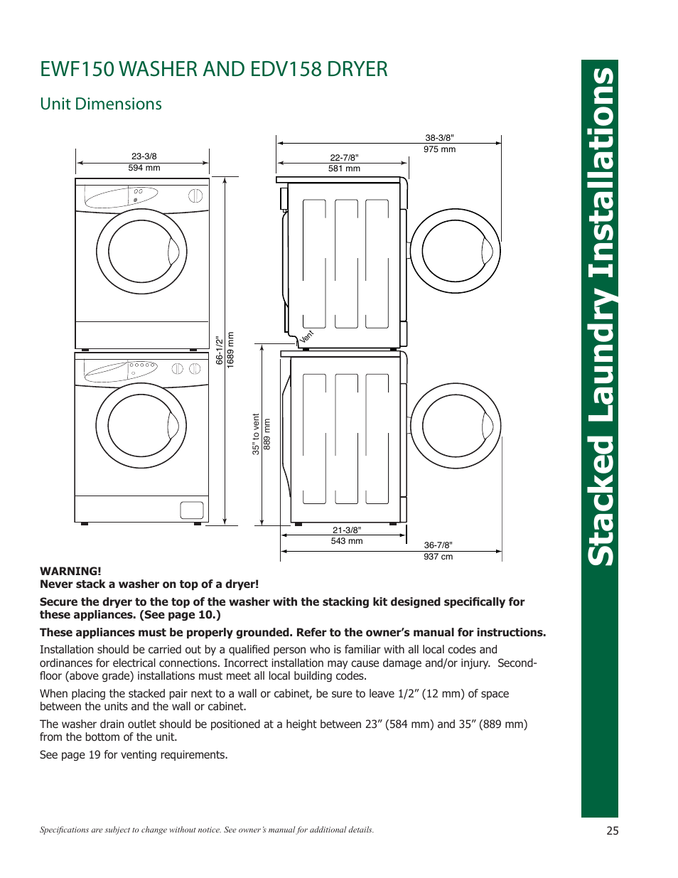 Stacked laundry installations, Unit dimensions | Eurotech Appliances EWF272EL User Manual | Page 25 / 36