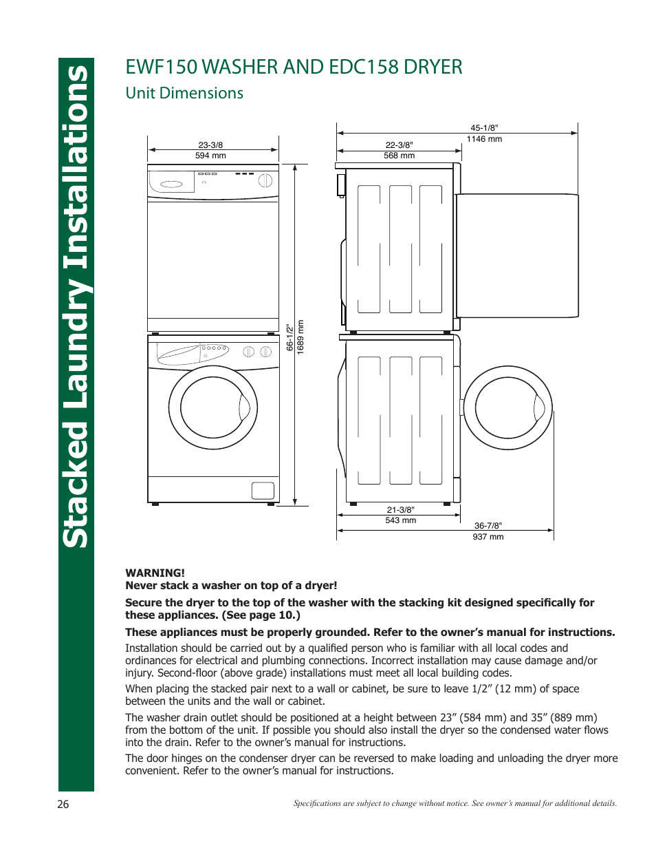 Stacked laundry installations, Unit dimensions | Eurotech Appliances EWF272EL User Manual | Page 26 / 36