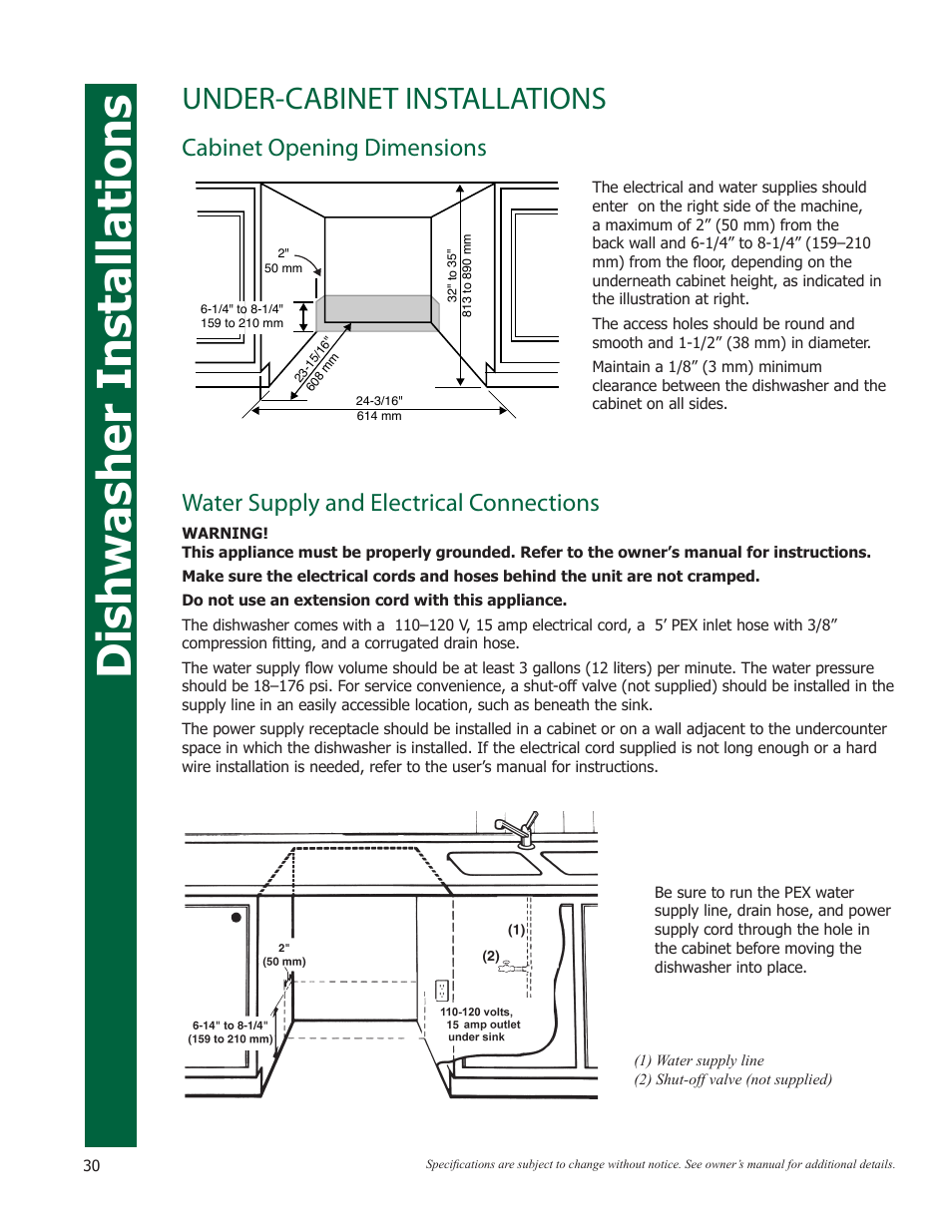 Dishwasher installations, Under-cabinet installations | Eurotech Appliances EWF272EL User Manual | Page 30 / 36