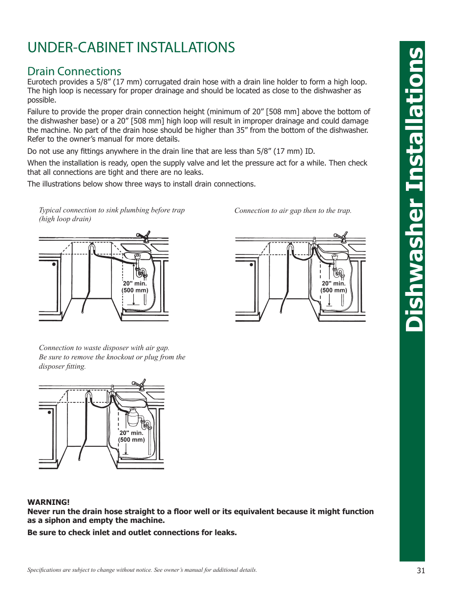 Dishwasher installations, Under-cabinet installations, Drain connections | Eurotech Appliances EWF272EL User Manual | Page 31 / 36