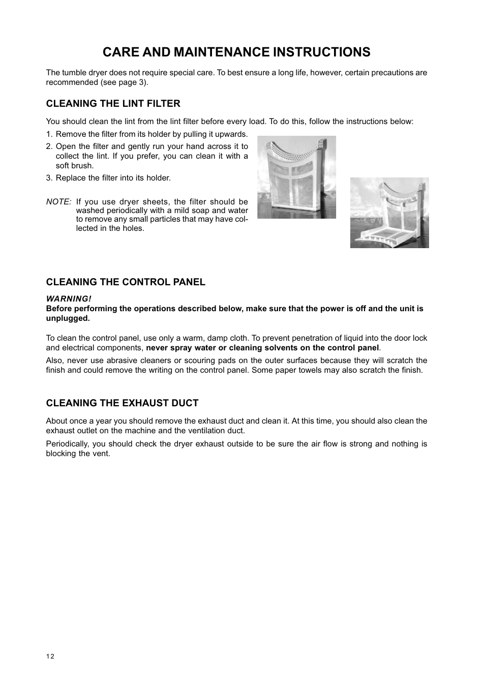 Care and maintenance instructions | Eurotech Appliances EDV278EL User Manual | Page 12 / 16