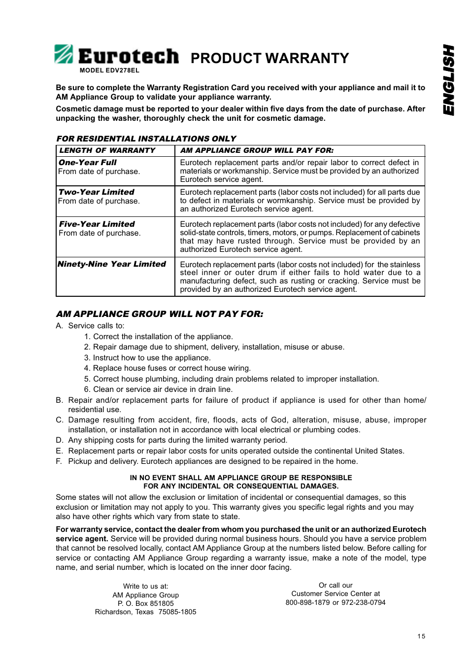 Englishenglishenglishenglishenglish, Product warranty | Eurotech Appliances EDV278EL User Manual | Page 15 / 16