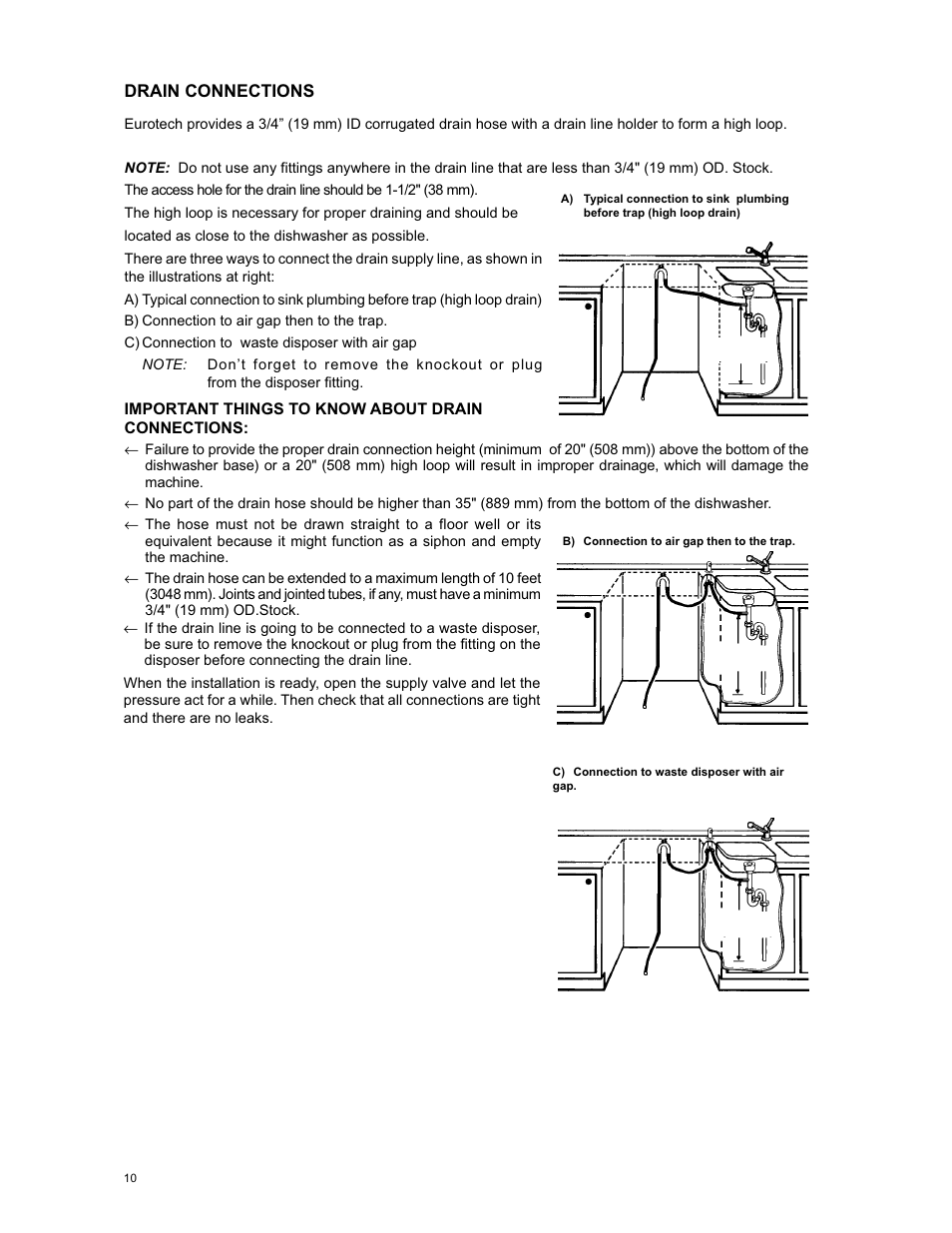 Drain connections | Eurotech Appliances EDW294E User Manual | Page 10 / 35