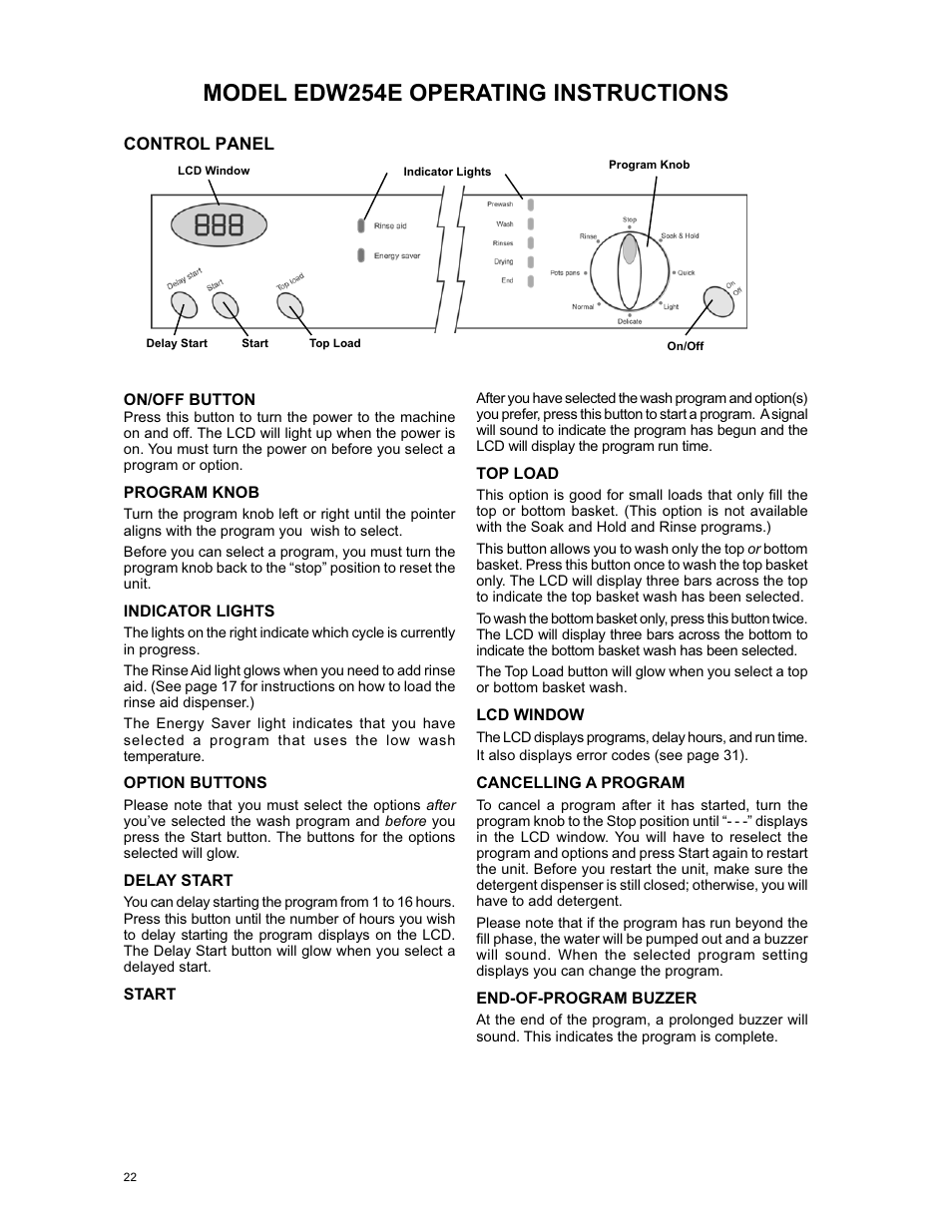 Model edw254e operating instructions | Eurotech Appliances EDW294E User Manual | Page 22 / 35
