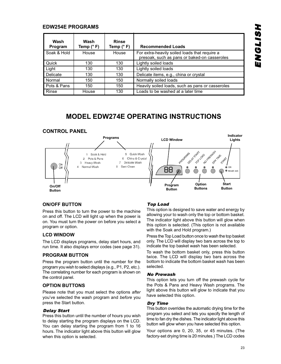 Englishenglishenglishenglishenglish, Model edw274e operating instructions | Eurotech Appliances EDW294E User Manual | Page 23 / 35