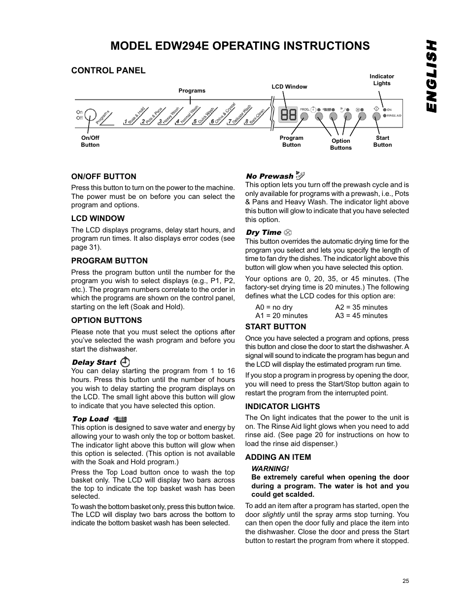 Englishenglishenglishenglishenglish, Model edw294e operating instructions | Eurotech Appliances EDW294E User Manual | Page 25 / 35