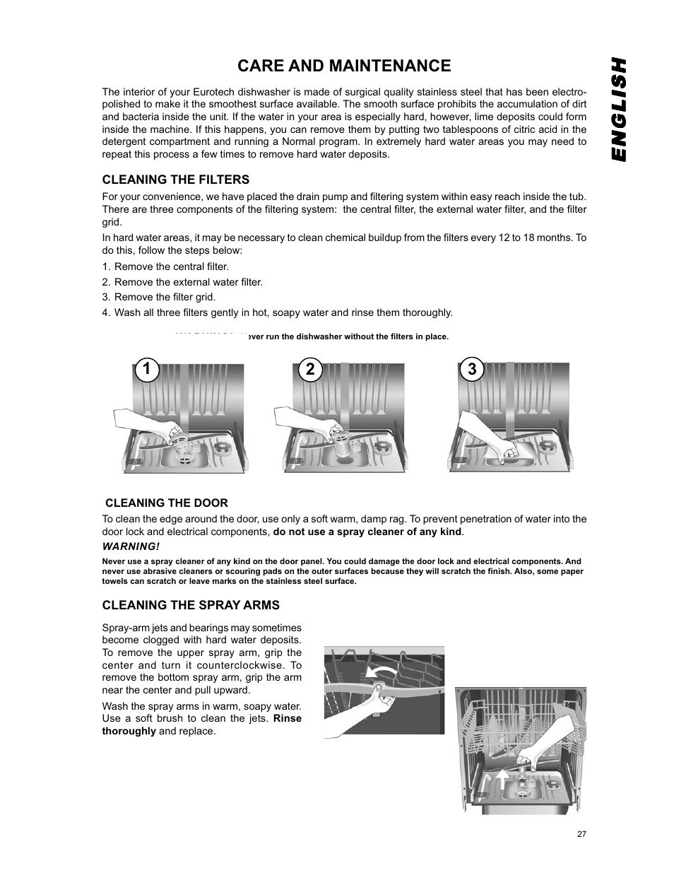 Englishenglishenglishenglishenglish, Care and maintenance | Eurotech Appliances EDW294E User Manual | Page 27 / 35