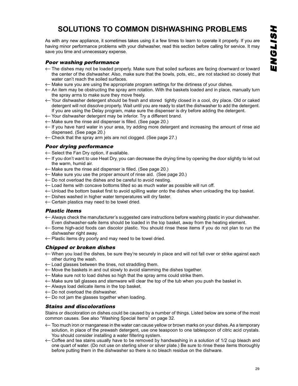 Englishenglishenglishenglishenglish, Solutions to common dishwashing problems | Eurotech Appliances EDW294E User Manual | Page 29 / 35