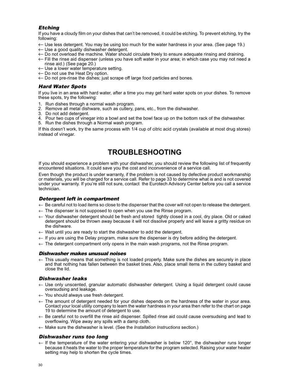 Troubleshooting | Eurotech Appliances EDW294E User Manual | Page 30 / 35