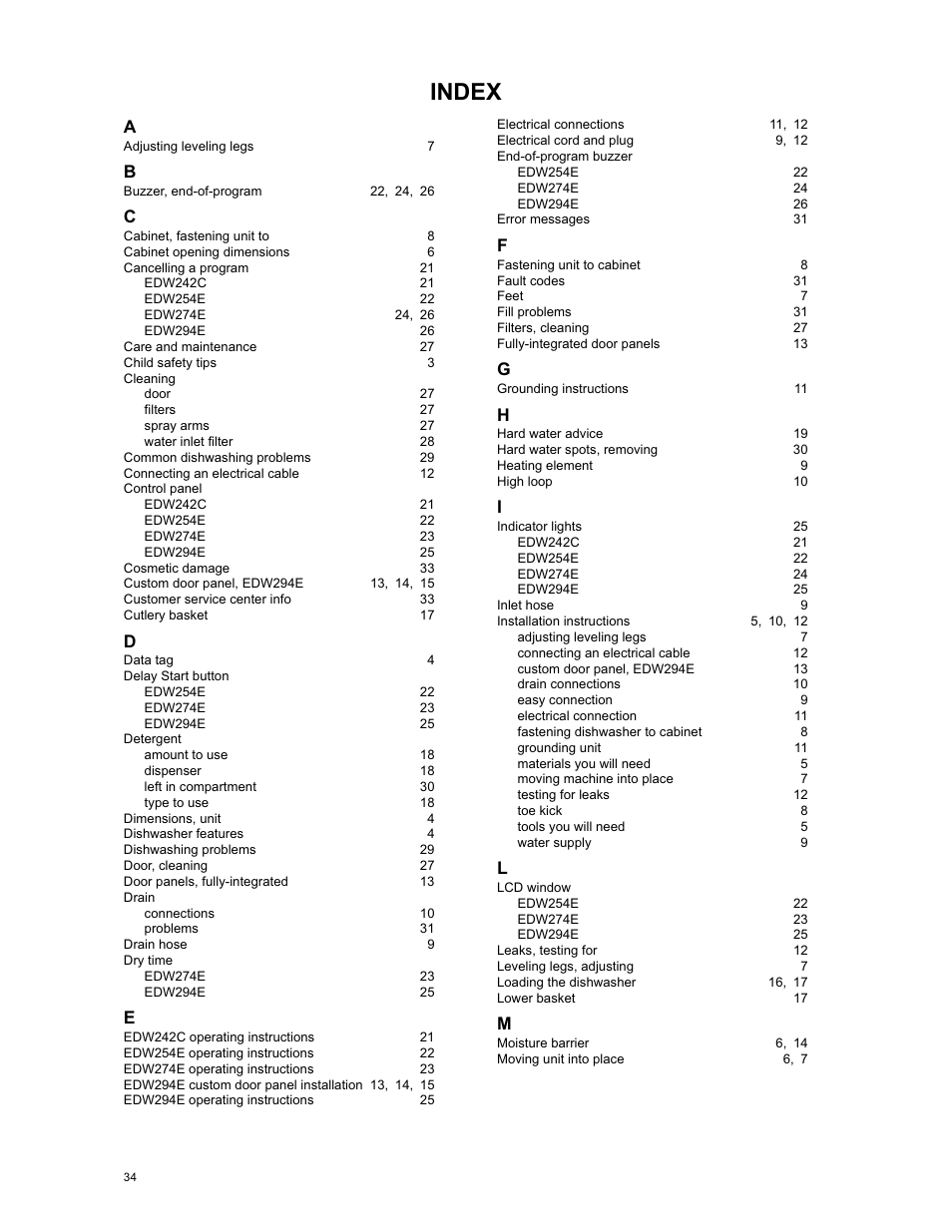 Index | Eurotech Appliances EDW294E User Manual | Page 34 / 35