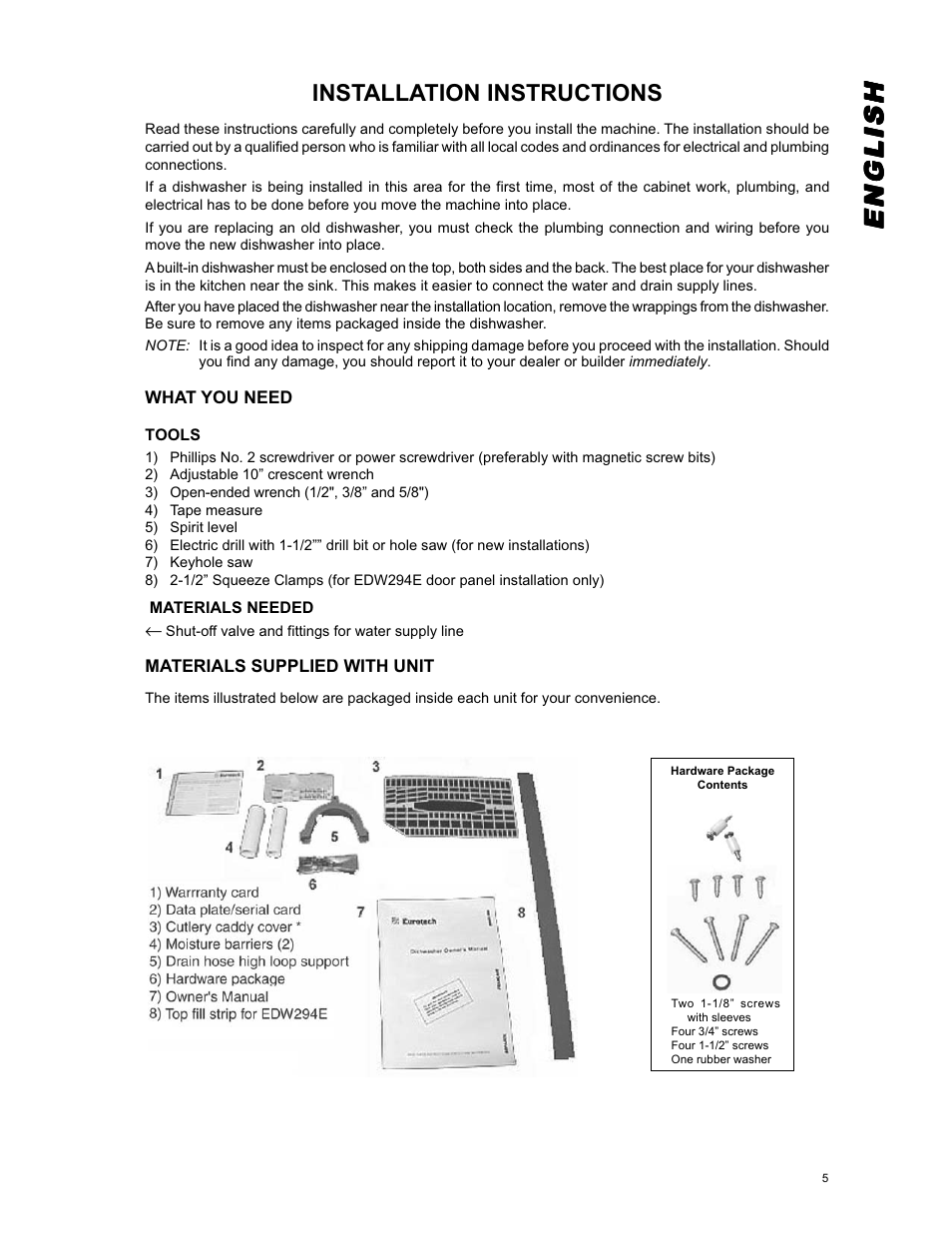 Englishenglishenglishenglishenglish, Installation instructions | Eurotech Appliances EDW294E User Manual | Page 5 / 35