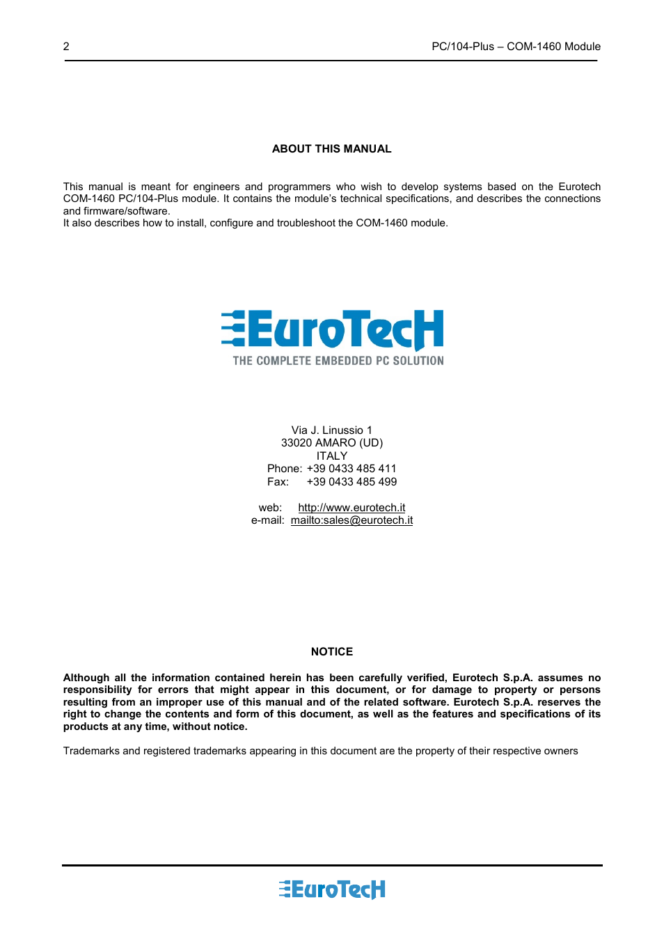 Eurotech Appliances COM-1460 User Manual | Page 2 / 38