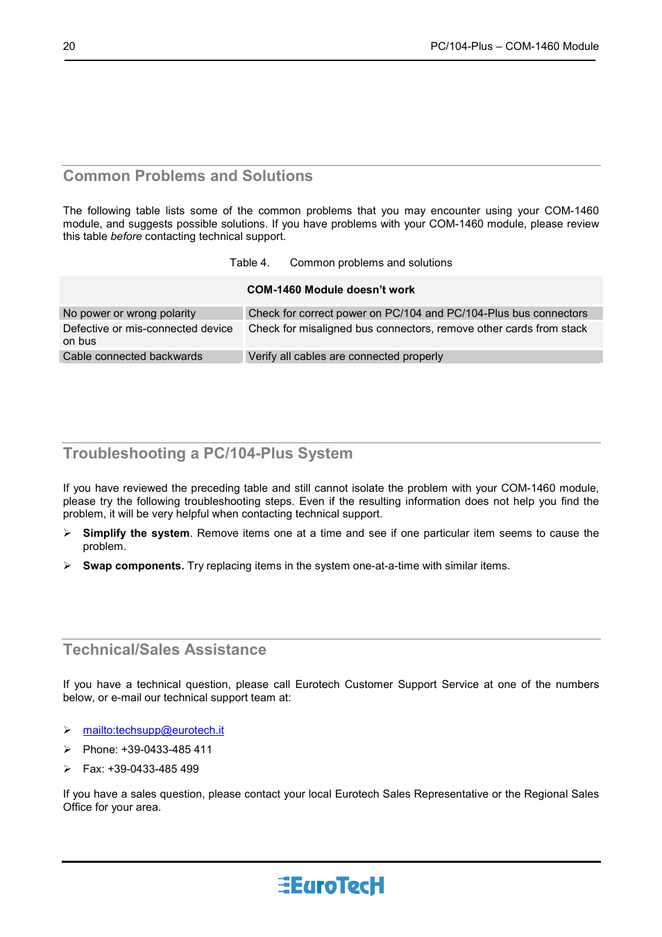 Common problems and solutions, Troubleshooting a pc/104-plus system, Technical/sales assistance | Eurotech Appliances COM-1460 User Manual | Page 20 / 38